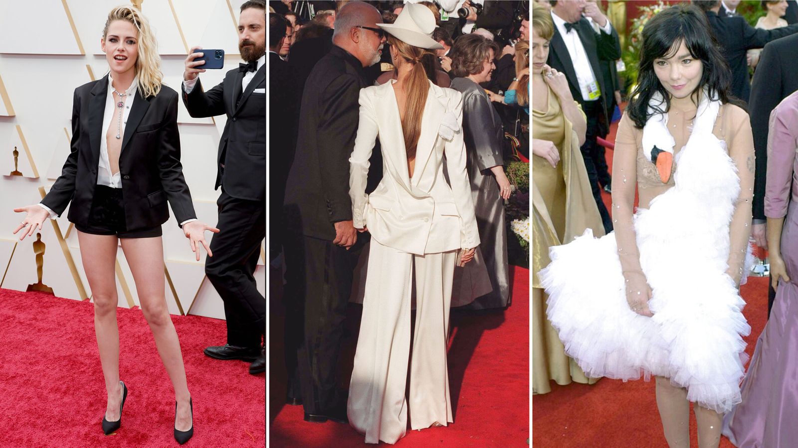 Kristen Stewart, Celine Dion and Bjork all absolutely winning the Oscars red carpet game. Pic: Reuters/PA/AP