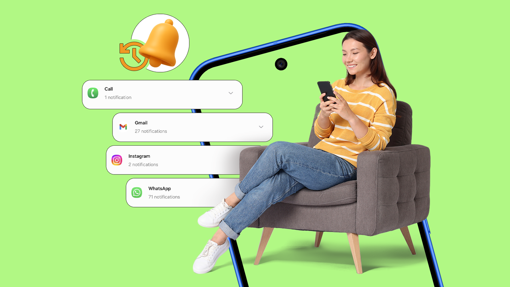 Smiling woman in an armchair looking at her phone with floating app notifications and a notification history bell icon