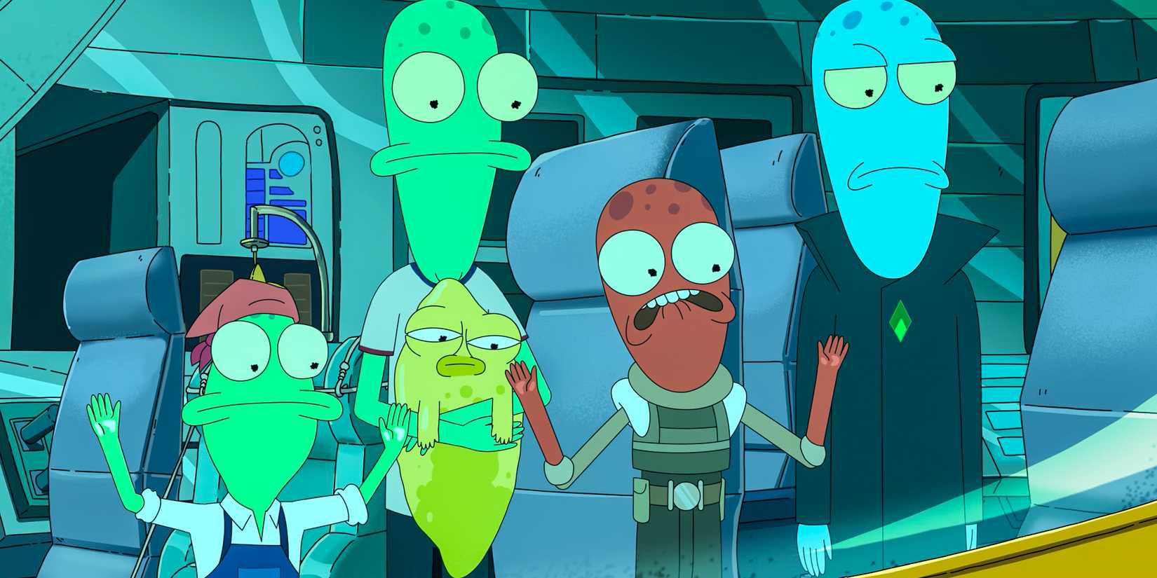 Jesse, Terry, Pupa, Yumyulack and Korvo looking out the window of their spaceship moving from planet to planet in Solar Opposites Season 5