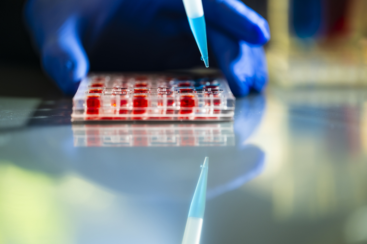 A hand holds a tray of small, red test liquids steady and places a pipette in one. The Image is reflected in a table surface.