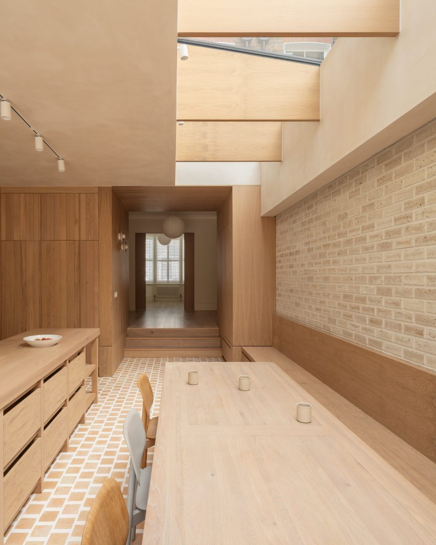 Brick-lined dining room