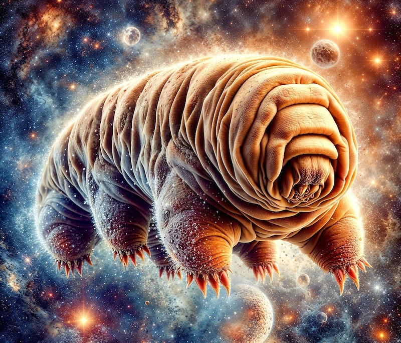 Water bears on Mars: Wrinkly, cylindrical creature with no eyes and 6 stubby legs with claws against a spacey background.