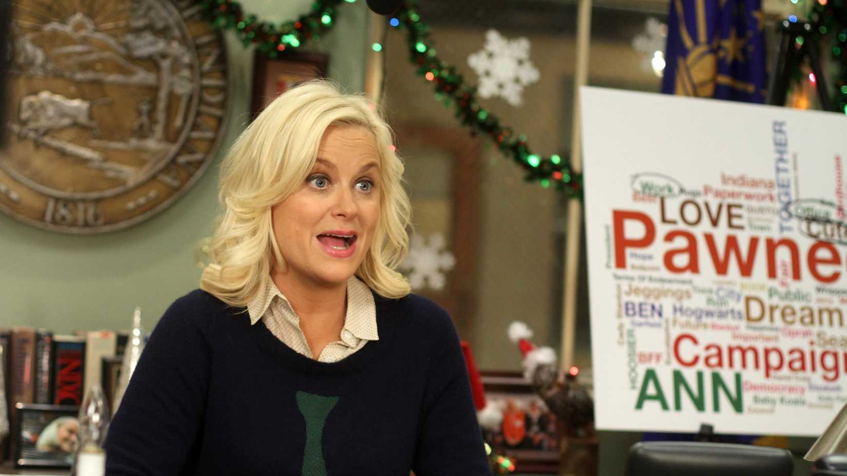 Amy Poehler as Leslie Knope in a Parks and Recreation Christmas episode