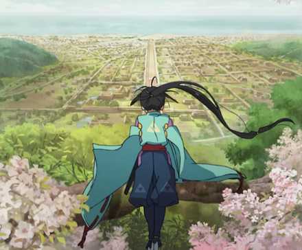 The main character of Elusive Samurai looking out over a large village.