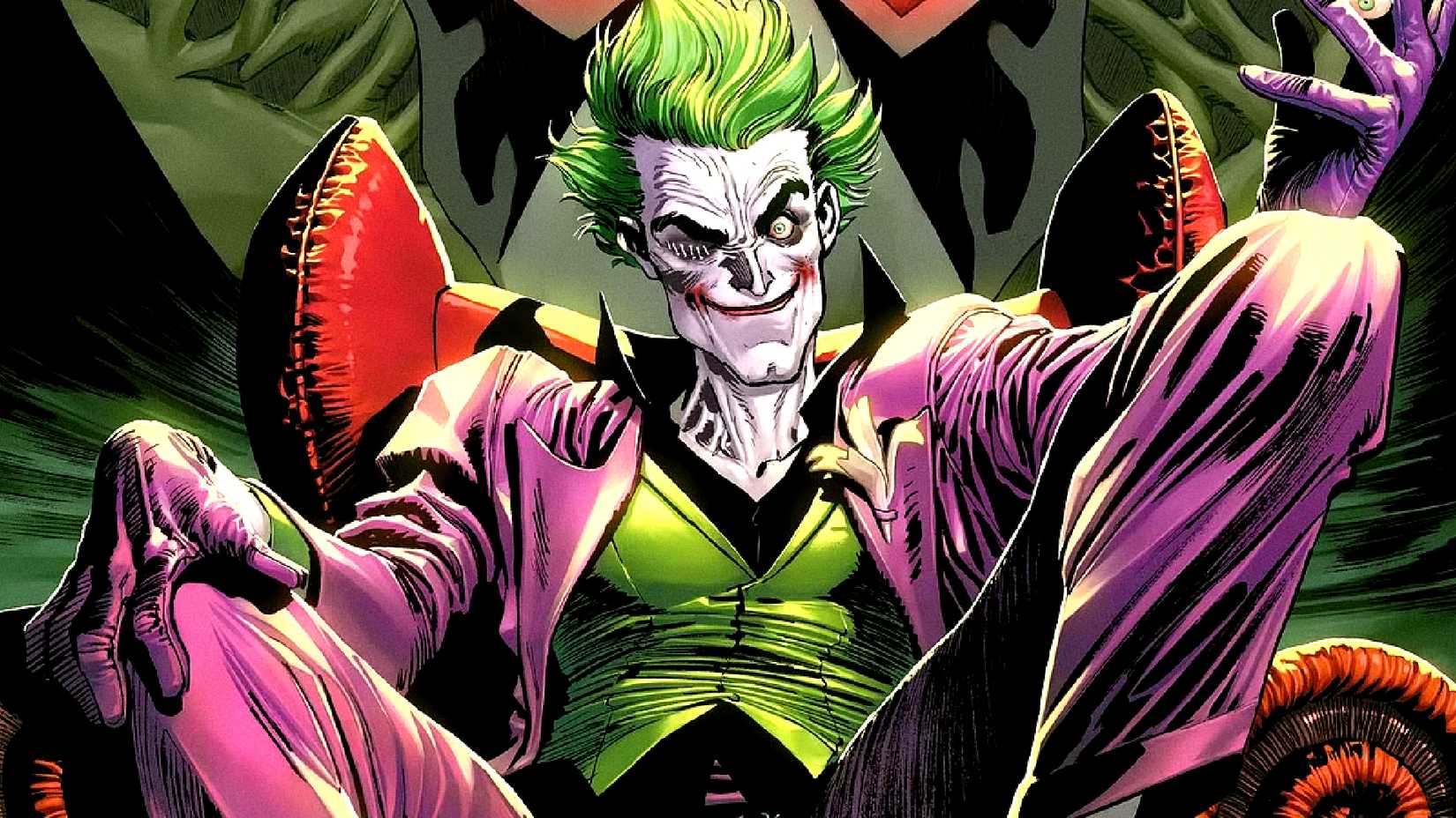 The Joker smiles sitting with an eye sewn shut in DC Comics