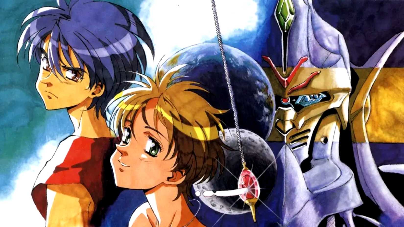 The Vision of Escaflowne's main characters stand next to Earth, the moon, and a mecha