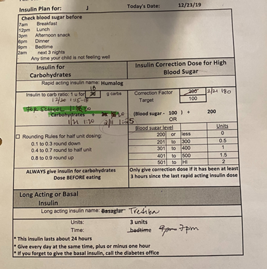 Glassenberg says the one-page document, filled with an assortment of mathematical tables, crossed-out ratios, and cryptic handwritten instructions for injecting insulin throughout the day, was confusing.