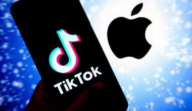 A TikTok logo on a black smart phone next to a black Apple logo on a sparkly blue background.