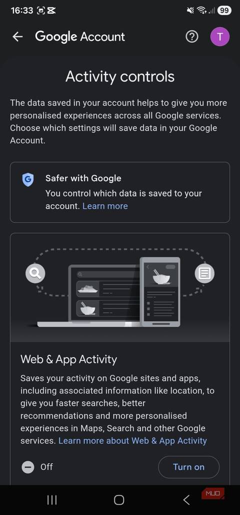 Turn off web and app activity in Google account