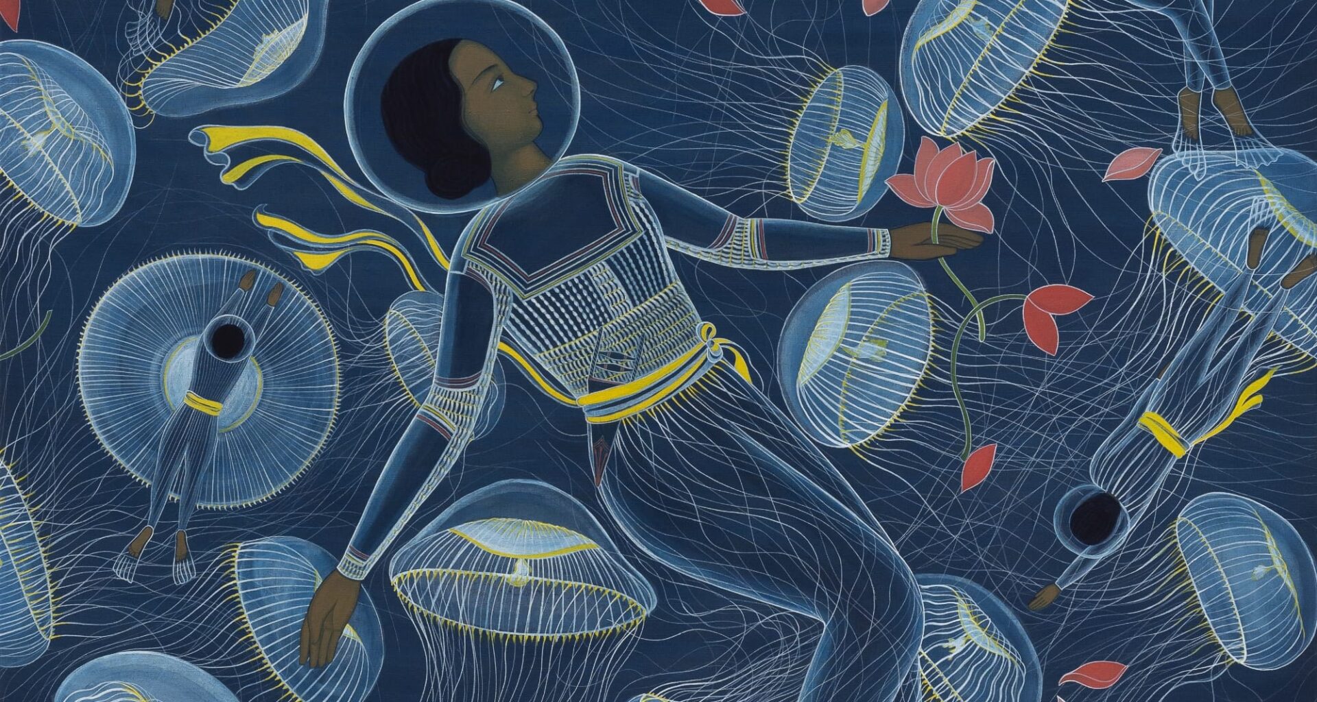 a close up image of a painting by Rupy C. Tut of women in space suits floating in blue with jellyfish