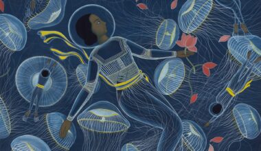 a close up image of a painting by Rupy C. Tut of women in space suits floating in blue with jellyfish