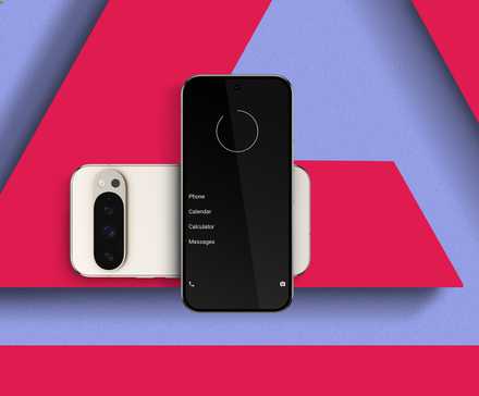 Two Google Pixel smartphones placed on a stylized red surface, one facing forward showing a minimalist home screen, and the other showing the rear camera