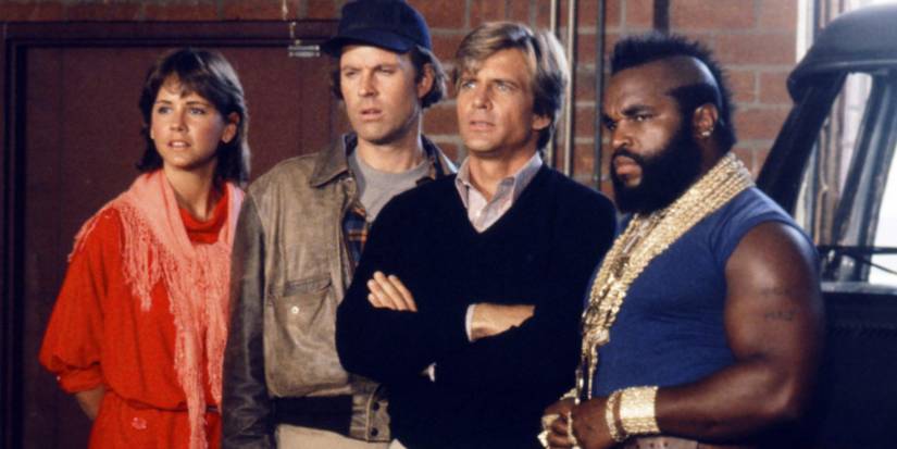 The A-Team cast standing in a row.