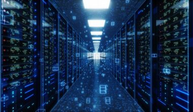 Data center racks with computing equipment.