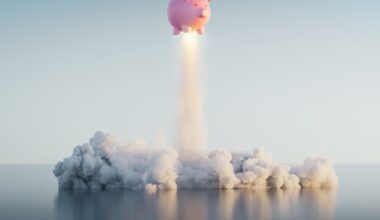 A piggybank blasting off like a rocket ship.