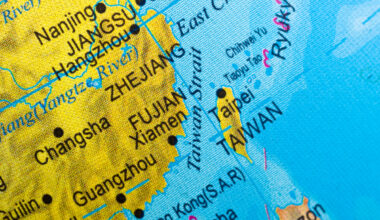 A map showing Taiwan off the coast of China.