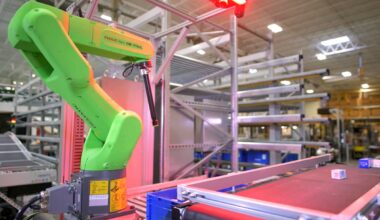 A robotic arm in a factory.