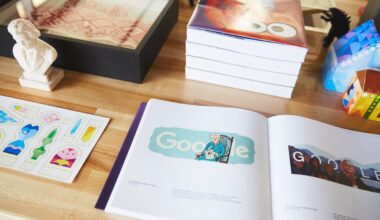 An open book on a table with a doodle that says "Google."