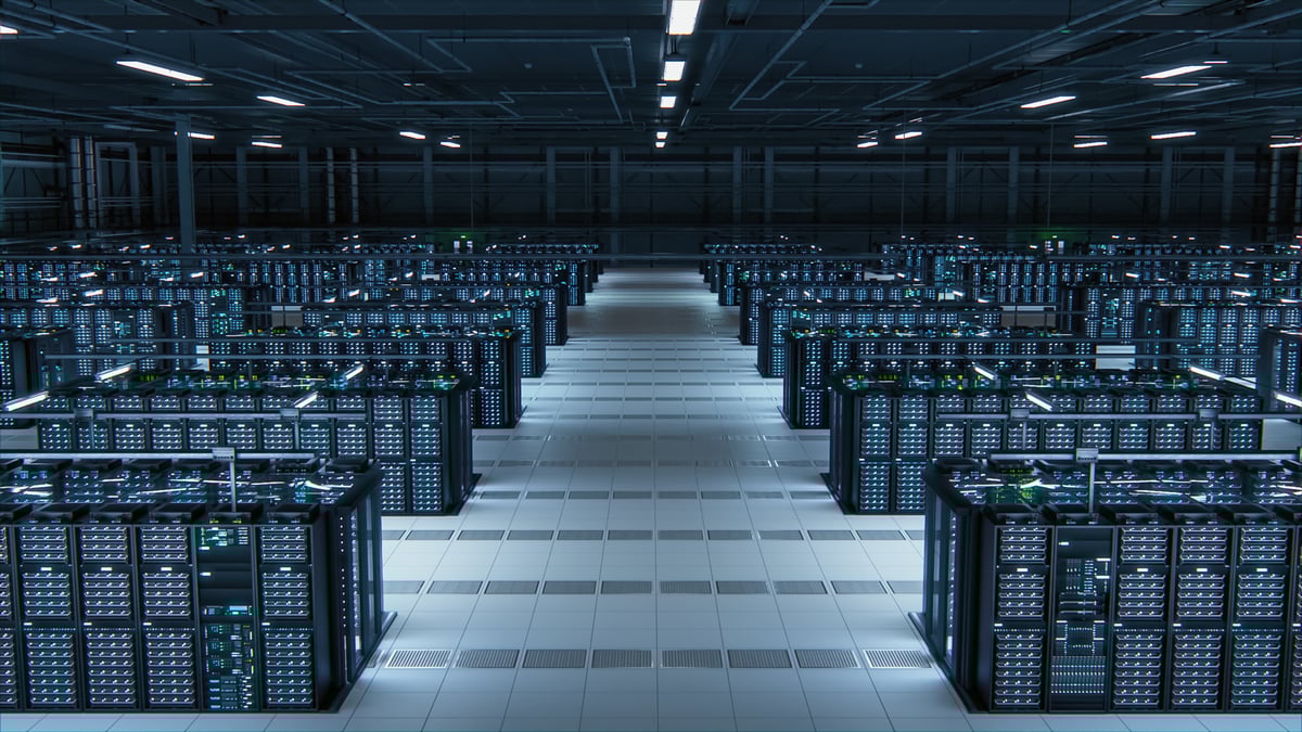 A warehouse filled with computer servers.