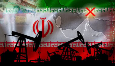 A map of the Middle East with Iran's flag and oil pumps.