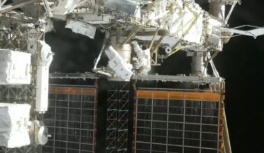 NASA astronauts Jessica Meir and Chris Williams are seen outside the International Space Station installing a solar array modification kit during U.S. EVA 94 on March 18, 2026. Credit: NASA