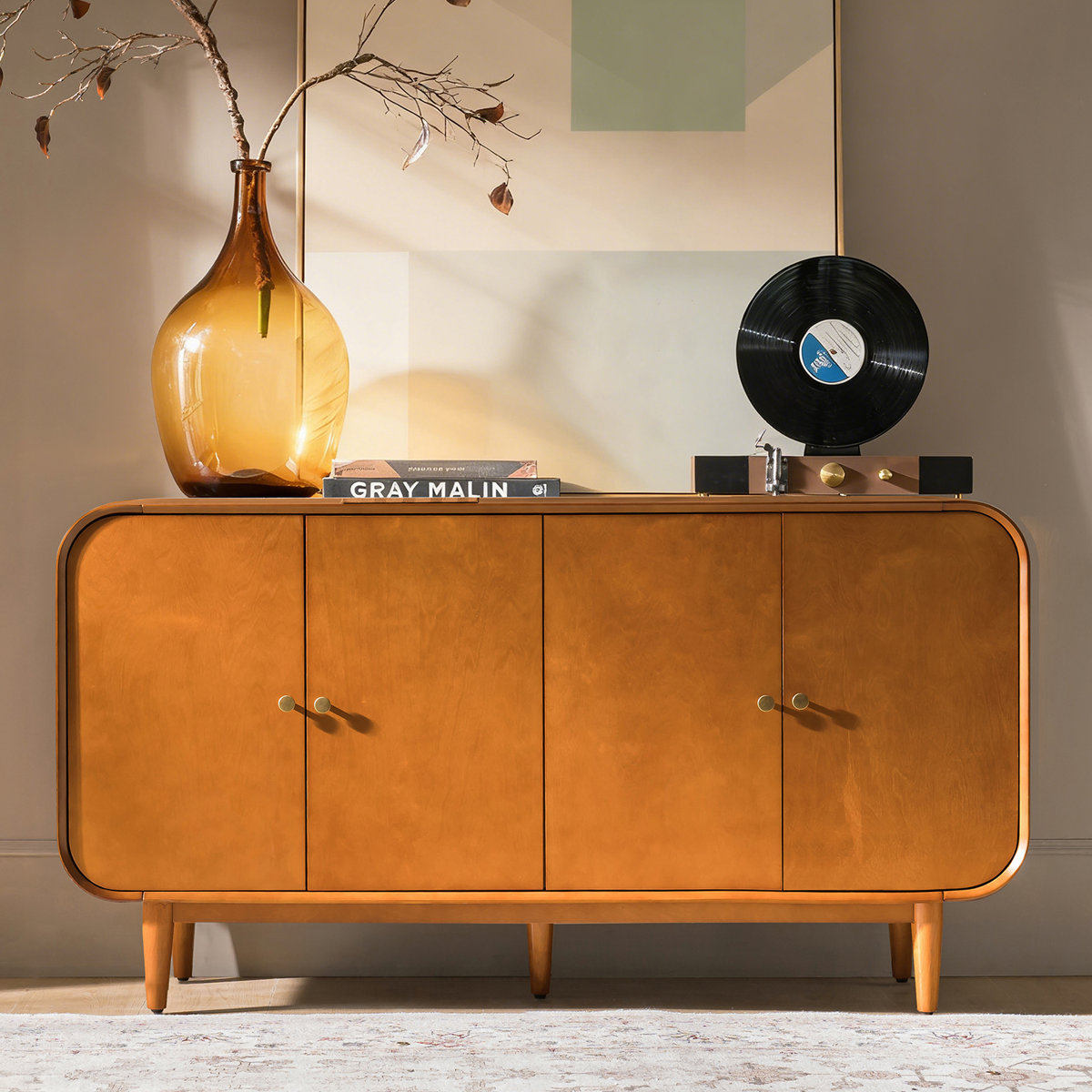 Ebern Designs Alee 58'' Wide Mid-Century Modern Curved Design 4-Door Sideboard With Adjustable Shelves and Cable Management &amp; Reviews | Wayfair