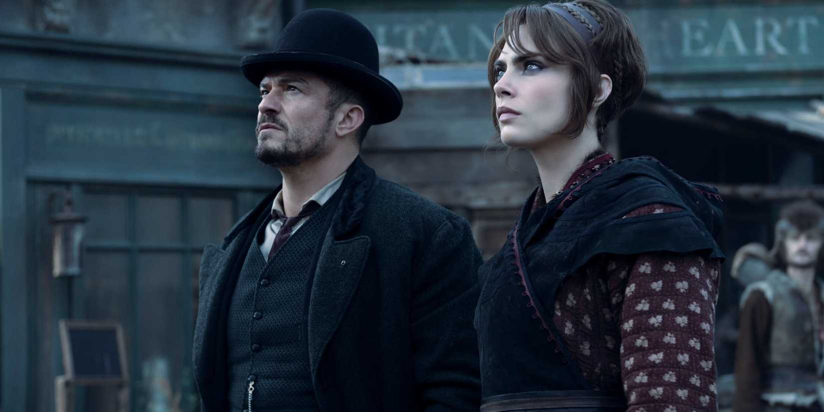 Vignette Stonemoss and Philo staring up at something offscreen with concern in Carnival Row