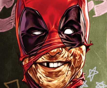 Wade Wilson's half unmasked face smiles to the camera in Deadpool comic cover variant