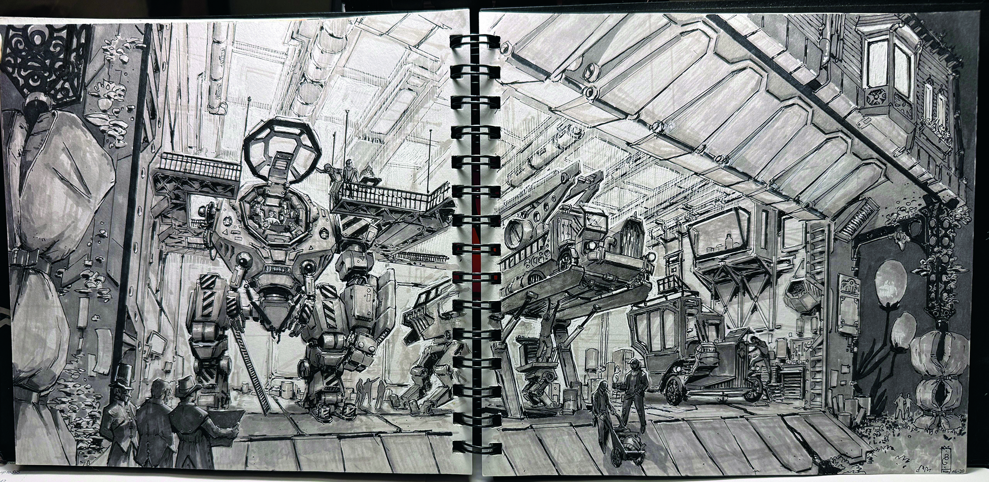 Sketchbook pages showing concept art drawn with markers