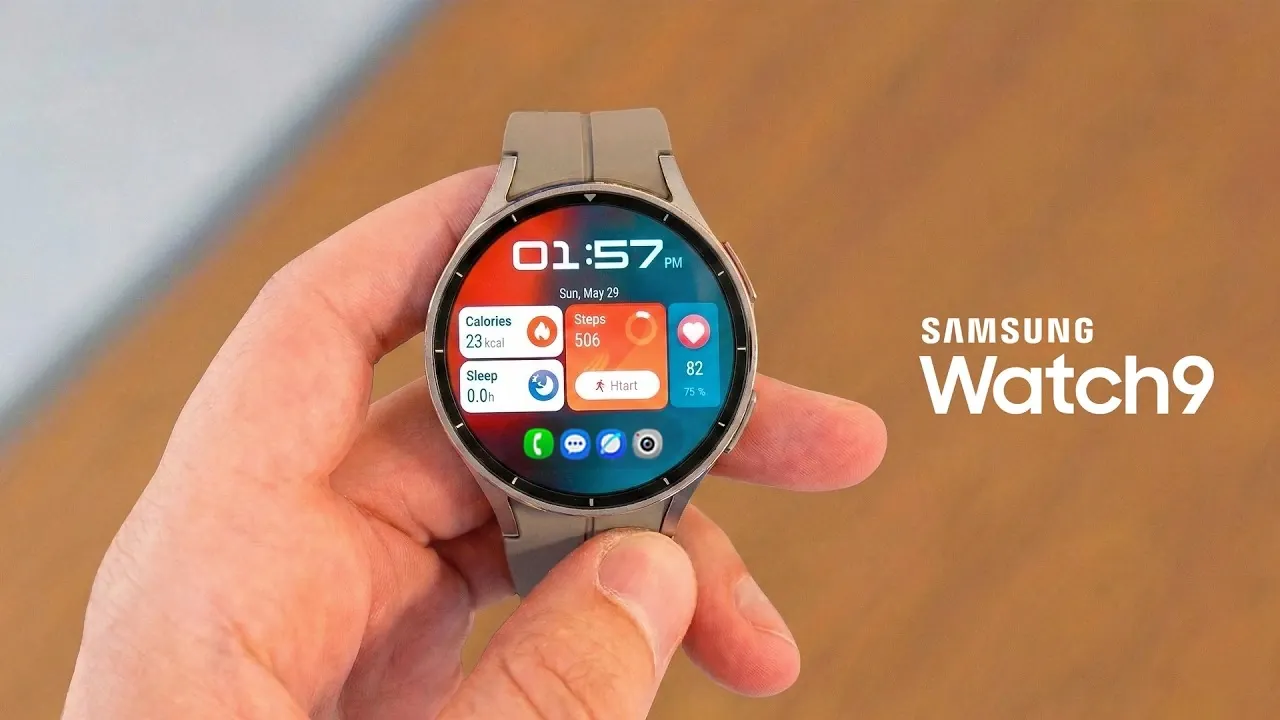 Close-up of Galaxy Watch 9 concept showing Snapdragon Elite Wear 2 chip replacing Samsung Exynos processor.