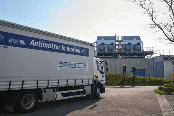 A truck that says “Antimatter in motion” on it.