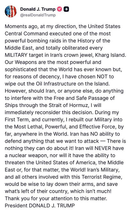 Trump on Truth Social: 'The United States Central Command executed one of the most powerful bombing raids in the History of the Middle East.'
