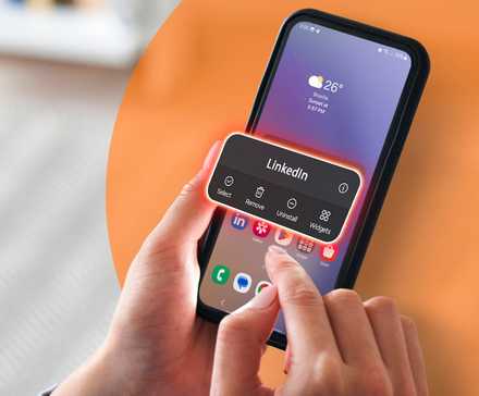 Woman using a phone with an uninstall app interaction box.