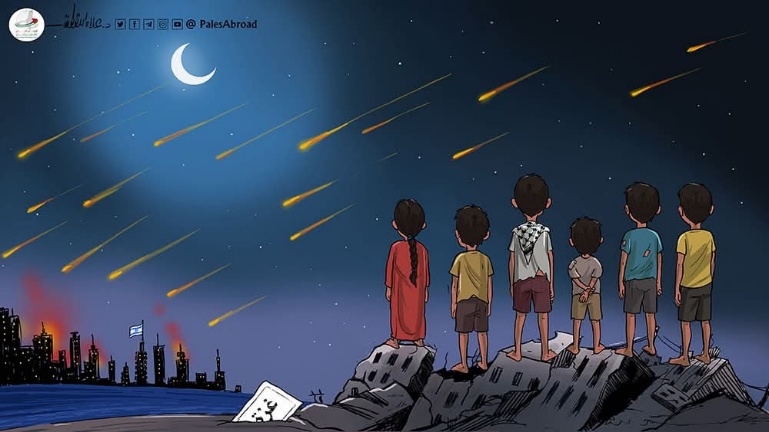 Palestinian children watching the Iranian missile attack on Israel, by Hamas cartoonist Alaa al-Laqta (X account of Alaa al-Laqta, March 4, 2026)