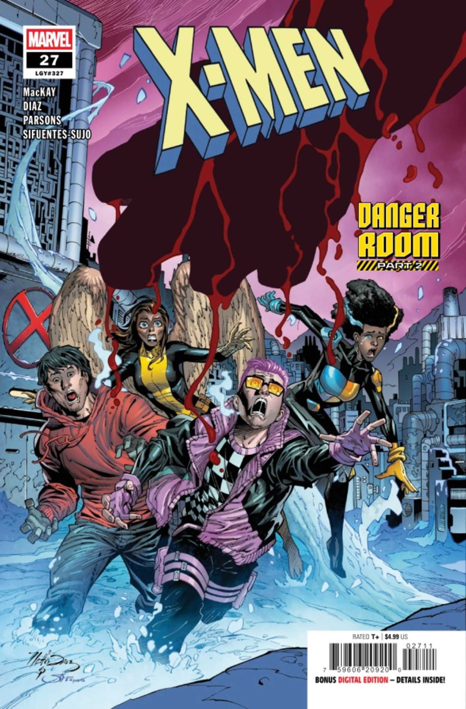X-Men #27 cover, Kid Omega and other mutants running in fear