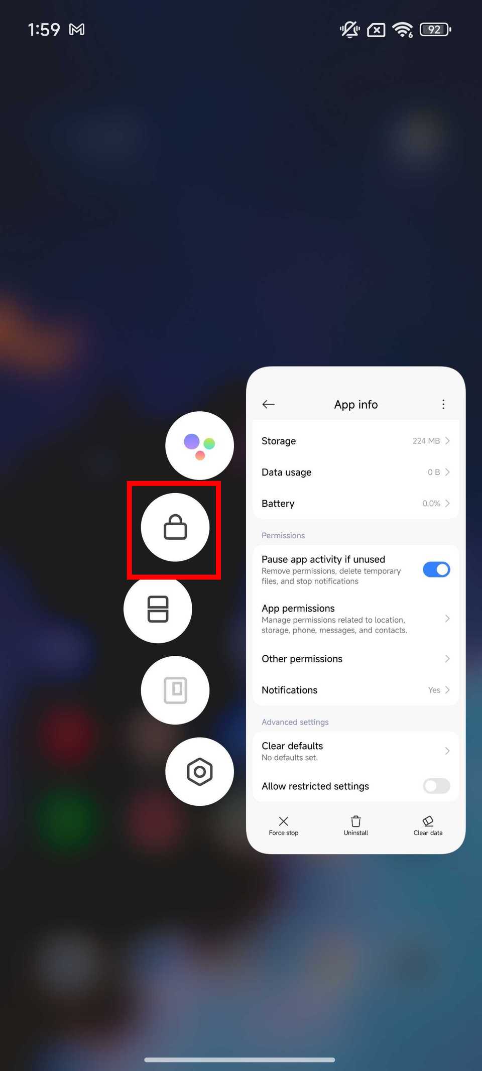 Red rectangle outline highlighting the lock icon in the app switched on HyperOS 2
