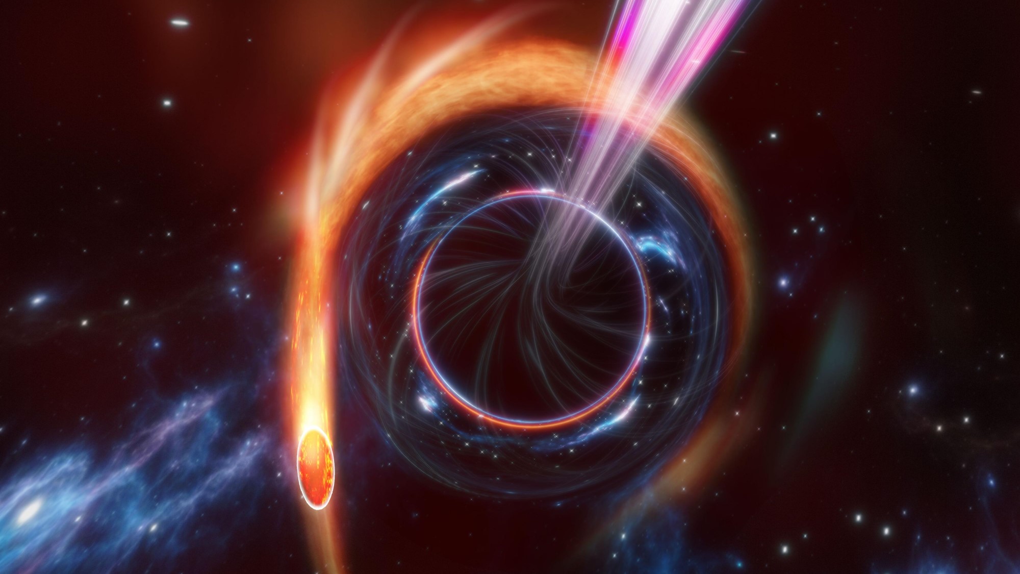 An artist's depiction of a supermassive black hole blasting out a jet of "leftovers" as it devours a star. It looks like a dark circle at the center surrounded by a warped yellow orb. There's a bright pink beam shooting out of the dark circle.