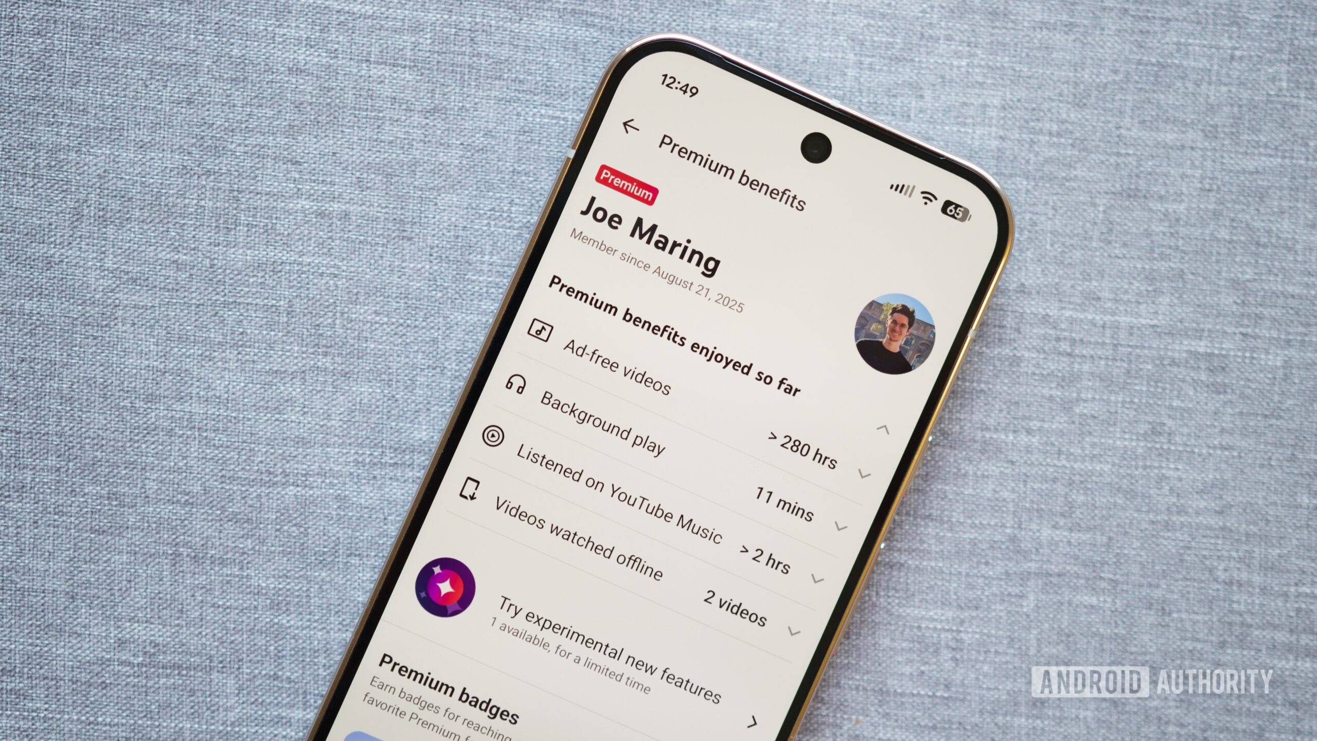 YouTube app showing the Premium Benefits page.