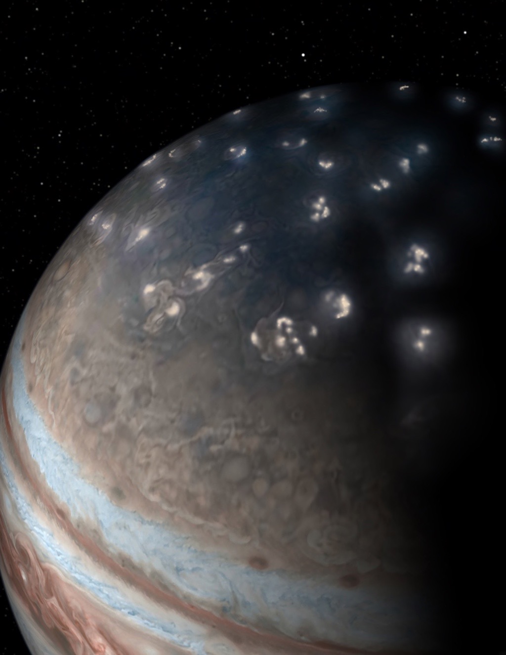a view of an orb marked with a prominent red-and-white swirl, with bright flashes of light dotting its northern half