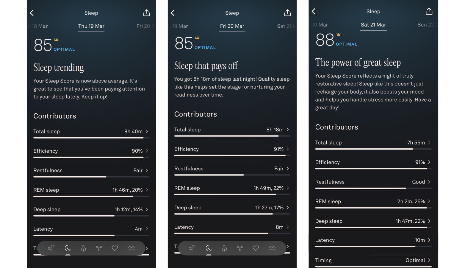 Screenshots of my Oura Ring sleep reports over three nights showing 85+ sleep scores and sleep metrics