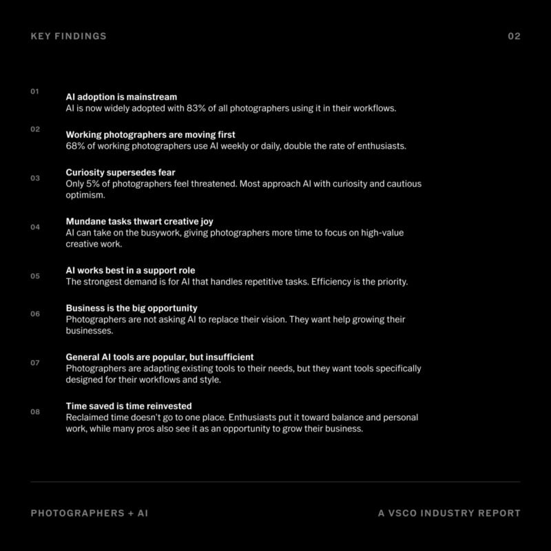 A black slide lists eight key findings about AI in photography, highlighting trends such as mainstream adoption, efficiency, cautious use, focus on creativity, and new business opportunities.
