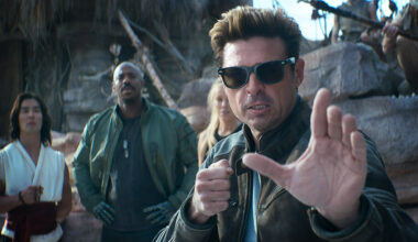 (L-R) Ludi Lin as Liu Kang, Mehcad Brooks as Jackson ‘Jax’ Briggs, Jessica McNamee as Sonya Blade, and Karl Urban as Johnny Cage in New Line Cinema’s Mortal Kombat II