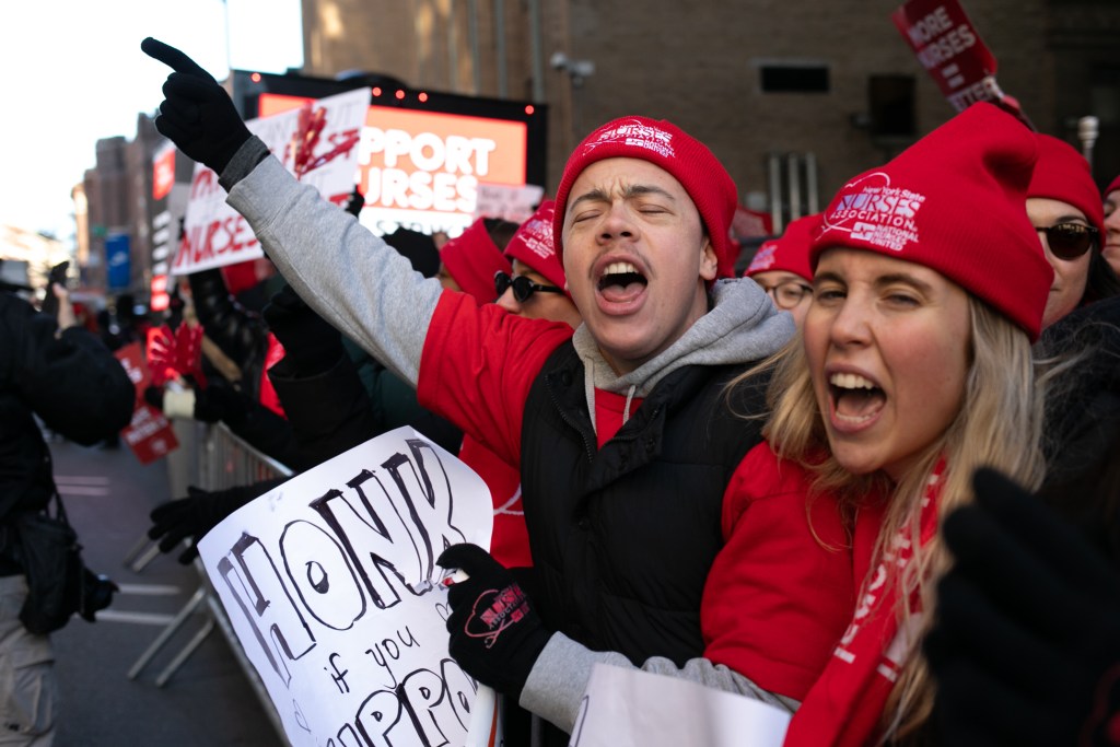 Hundreds of unionized nurses went strike outside New York-Presbyterian hospital on 168th Street after the hospital’s management failed to reach an agreement with healthcare workers across their NYC locations,