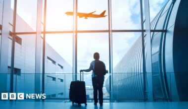 A woman with luggage stands with her back to the camera looking at a plane through a window.