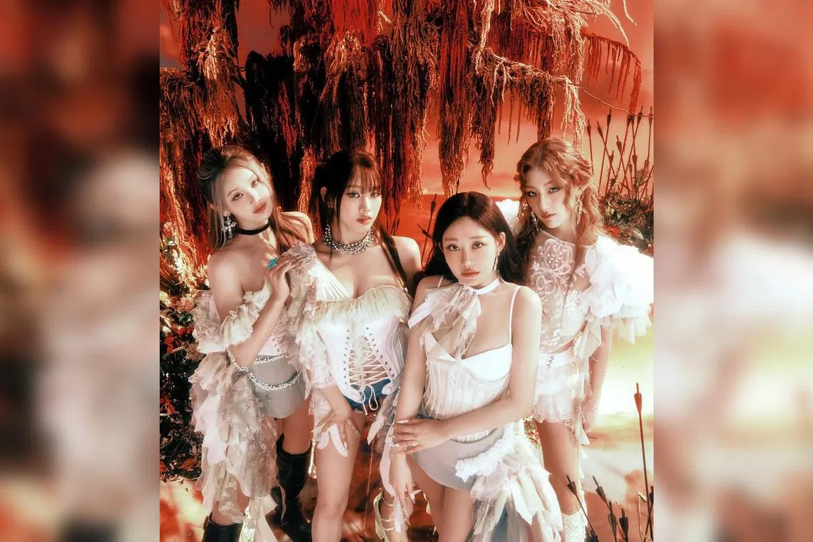 A concept photo of K-pop girl group Kiss Of Life - consisting (from far left) Belle, Natty, Julie and Haneul - for their single Who Is She.