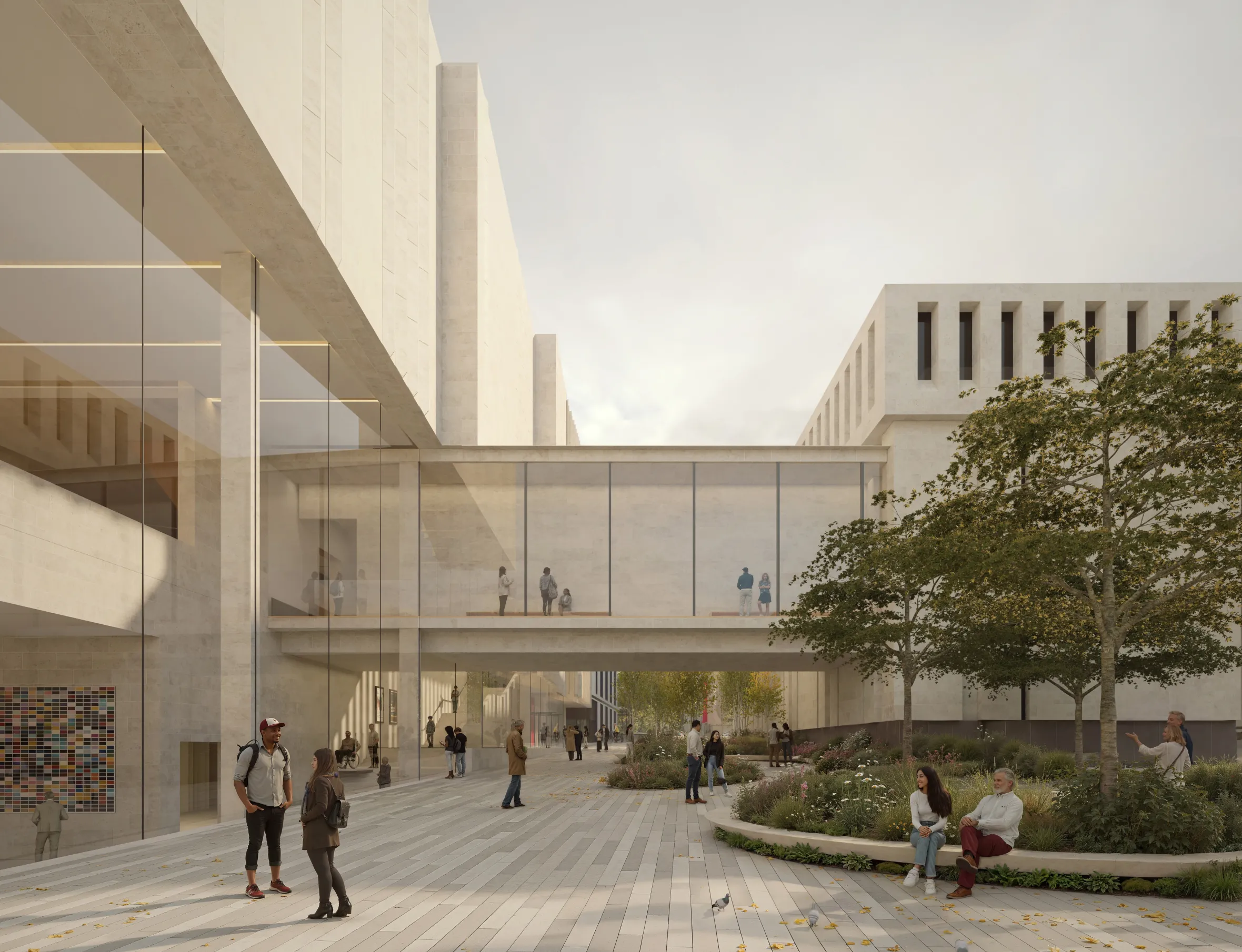 Illustration of the new bridge connecting the old and new wings of the National Gallery above Jubilee Walk.