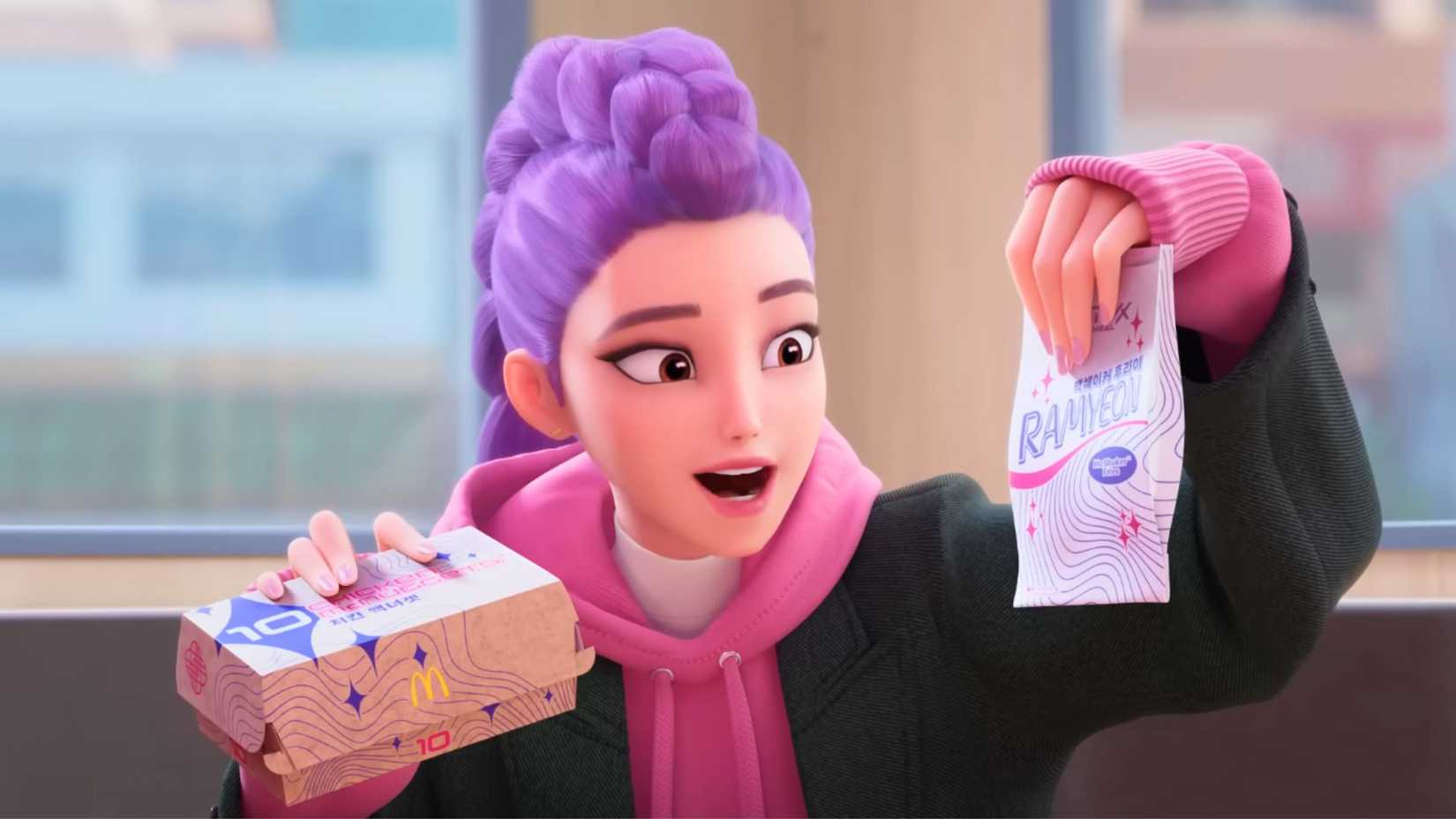 Kpop Demon Hunters from the McDonalds Advertisement. Rumi, purple haired with a pink jumper on underneath a black blazer, holds up her meal.