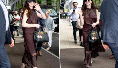 Anne Hathaway wears Adidas Tokyo sneakers during 'Devil Wears Prada' press tour