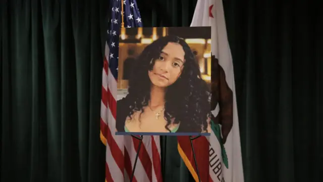 A picture of Celeste Rivas Hernandez, whose body was found on 8 September 2025 in the front trunk of a Tesla registered to the musician known professionally as D3vd, is displayed on the day of a press conference following the arrest of the 21-year-old singer.