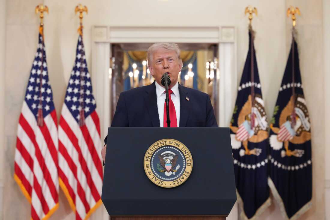 President Trump speaks about the war in Iran from the Cross Hall of the White House on April 1, 2026.